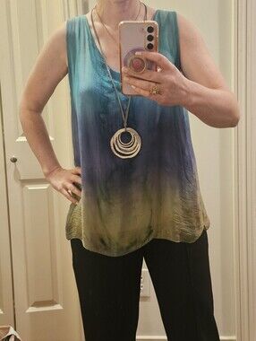 Hand Dyed Ombre Silk Shell Tank Top Blue Teal Indigo Artisan Boutique
